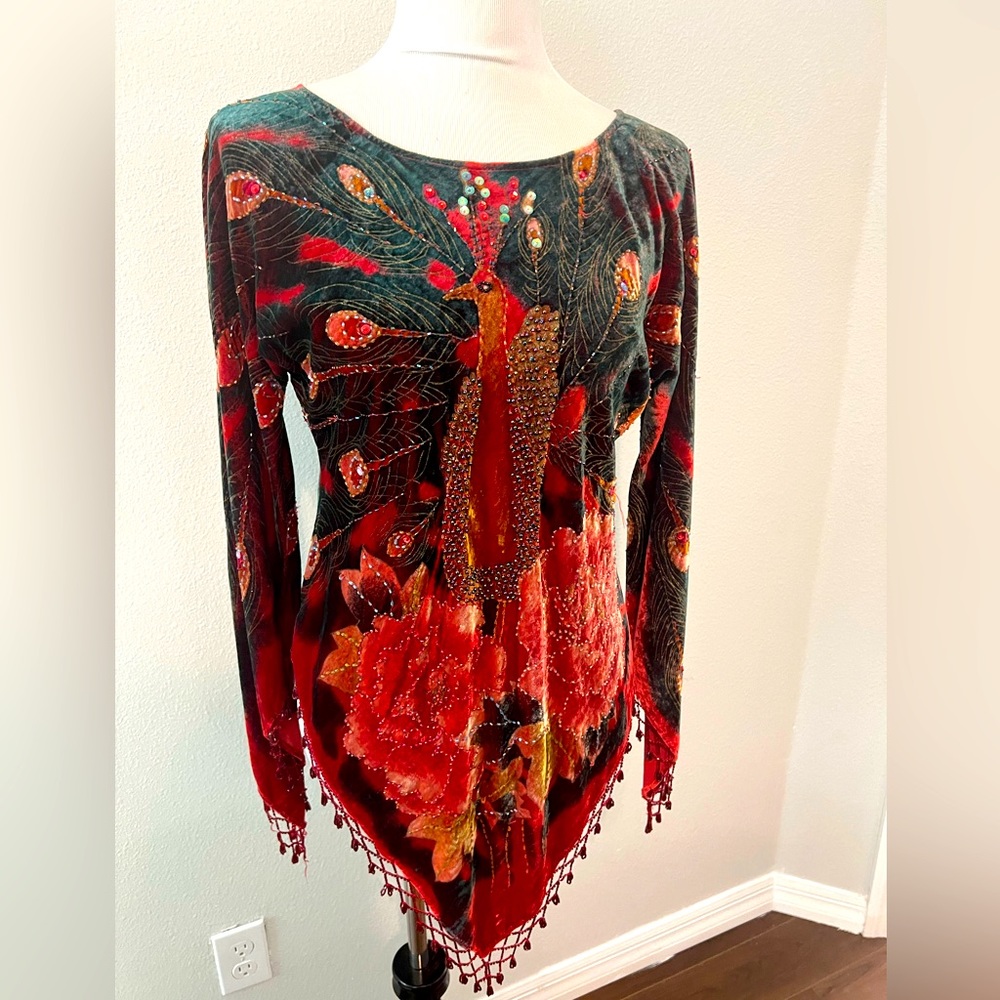 Velvet beaded peacock tunic top size M